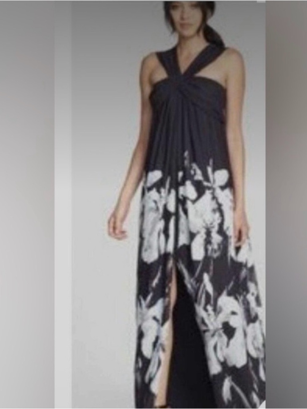 Halston Heritage Iris print Black Maxi Dress with White Floral print in size 6